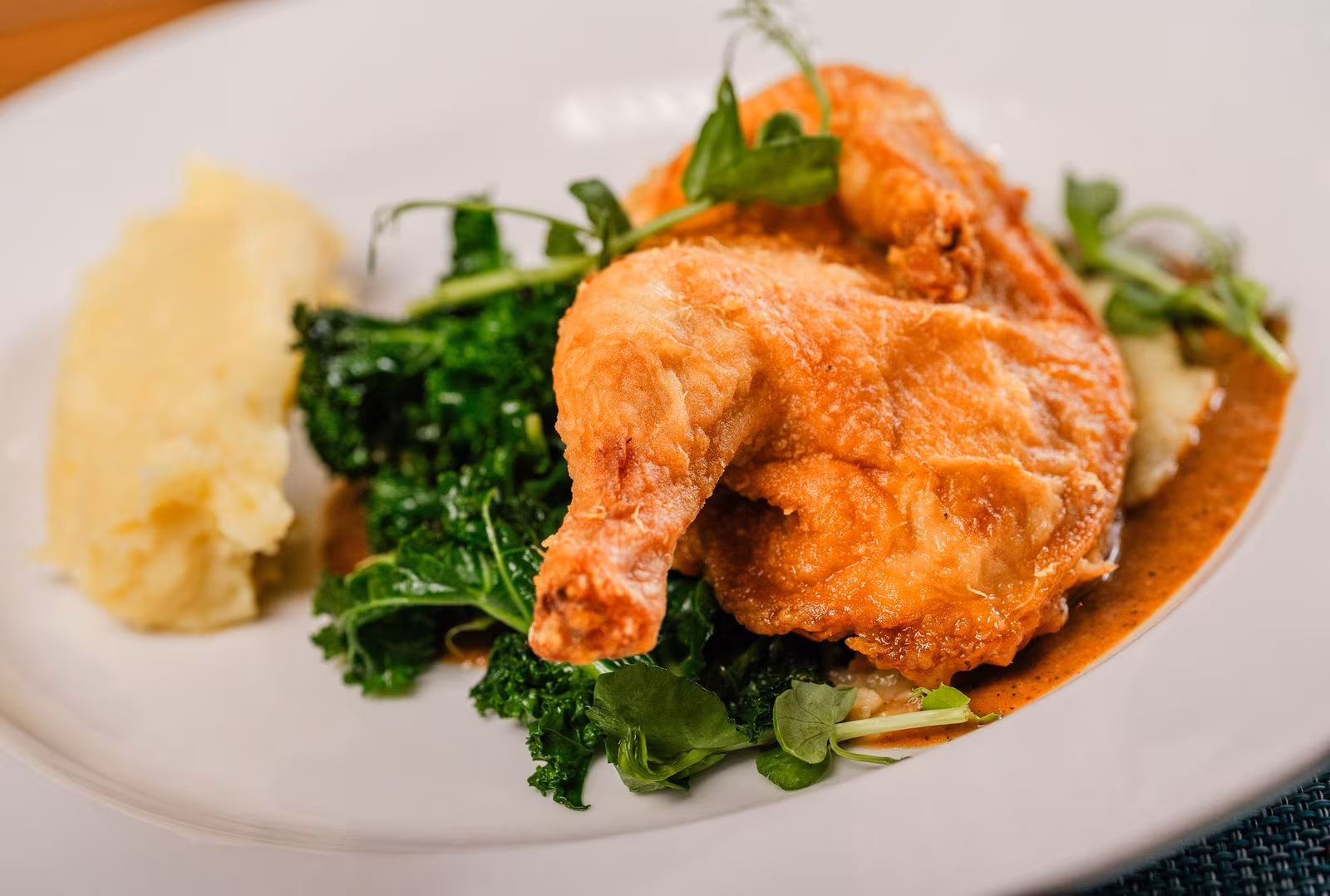 Roast chicken with mashed potatoes and kale